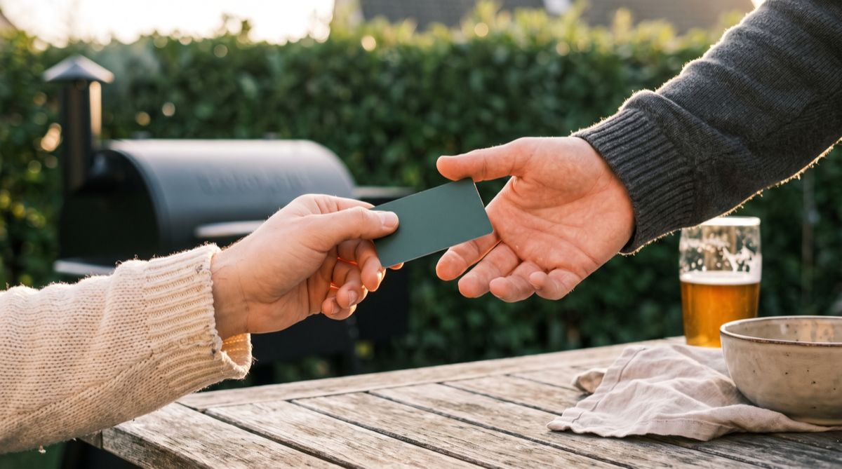 Eine Hand reicht einer anderen über einen Gartentisch einen Gutschein, im Hintergrund ein Smoker